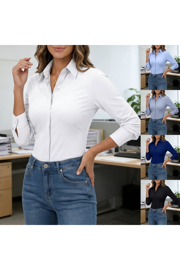 Womens Slim Fit Long Sleeve Stretch Shirt Free Office Blouse Concealed Placket Work Top Grey XXXXXL