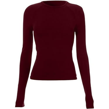 Womens Slim Fit Long Sleeve Tops Base Layer Tees Casual Solid Color Round Neck Tshirts for Spring Fall (L, Wine)