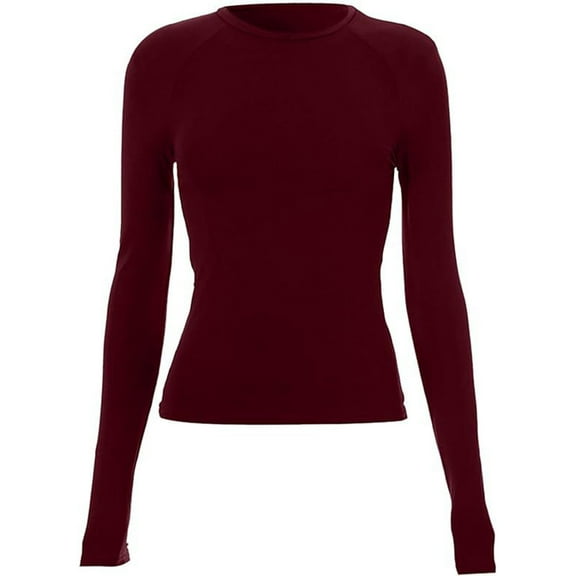 Womens Slim Fit Long Sleeve Tops Base Layer Tees Casual Solid Color Round Neck Tshirts for Spring Fall (XS, Wine)
