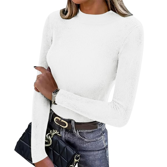 Womens Slim Fit Ribbed Sweater Mock Neck Stretchy Knit Sweater Casual Fashion Long Sleeve Knit Blouse Top White One Size
