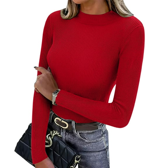 Womens Slim Fit Ribbed Sweater Mock Neck Stretchy Knit Sweater Casual Fashion Long Sleeve Knit Blouse Top Wine One Size