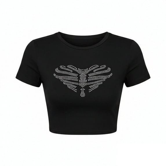 Womens Slim Fit Short Sleeve T Shirt Y2K Streetwear Crewneck Fitted Pullover Crop Tops Summer Tees Black L