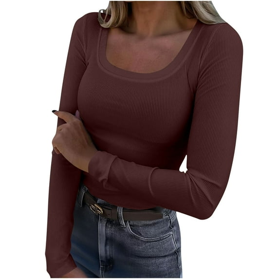 Womens Slim Fit Square Neck Tops Long Sleeve Solid Color Knit T-shirts Casual Sexy Going Out Tees Blouses (XL, Brown)