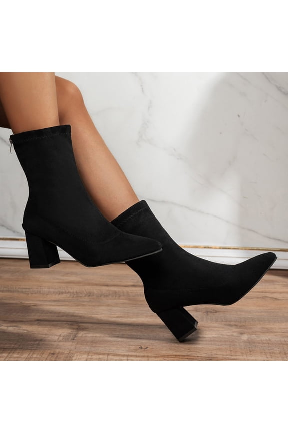 Womens Slim Fit Stretch Sock Ankle Boots Back Zip Point Toe Thick Block Heel Soft Suede Fabric Booties for Daily Night Out Fall Winter Wear Black 40