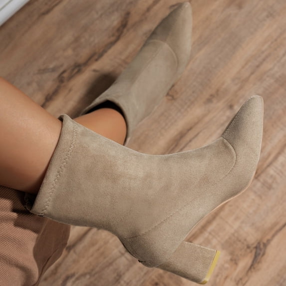 Womens Slim Fit Stretch Sock Ankle Boots Back Zip Point Toe Thick Block Heel Soft Suede Fabric Booties for Daily Night Out Fall Winter Wear Khaki 40