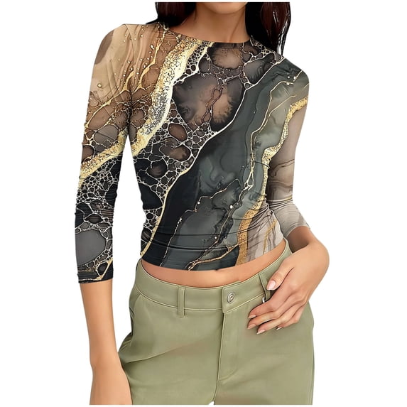Womens Slim Fit T-shirts 3/4 Sleeve Crewneck Plus Size Y2k Crop Tops Graphic Base Tee Shirt S-3X Casual Spring (2XL, Gray A)