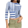 thumbnail image 1 of Womens Slim Fit T-shirts 3/4 Sleeve Crewneck Plus Size Y2k Crop Tops Graphic Base Tee Shirt S-3X Casual Spring (L, Blue|Stripes), 1 of 7