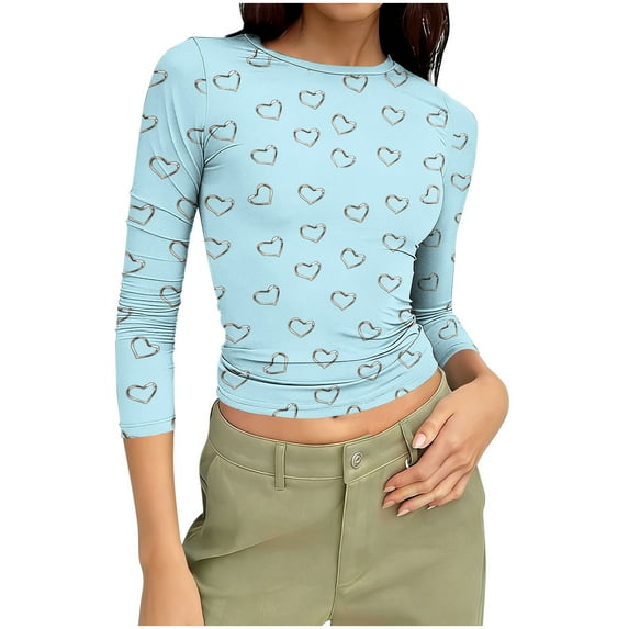 Womens Slim Fit T-shirts 3/4 Sleeve Crewneck Plus Size Y2k Crop Tops Graphic Base Tee Shirt S-3X Casual Spring (S, Light Blue|Hearts)