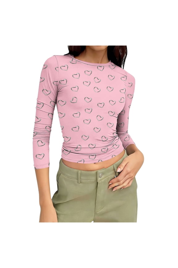 Womens Slim Fit T-shirts 3/4 Sleeve Crewneck Plus Size Y2k Crop Tops Graphic Base Tee Shirt S-3X Casual Spring (XL, Pink|Hearts)