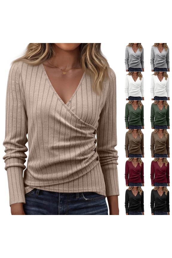 Womens Slim Fit Wrap Tops Deep V Neck Long Sleeve Ribbed Knit Ruched Asymmetrical Cross Over Dressy Casual Blouse 2026 Black L