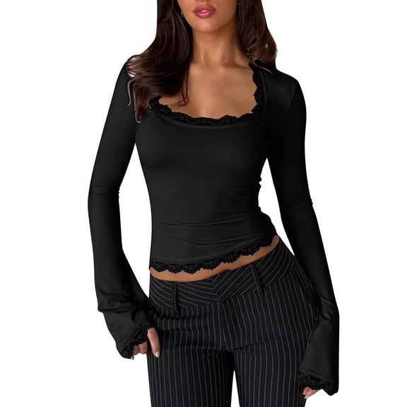 Womens Slim Fit Y2k Shirts Casual Crop Shirt Square Neck Lace Trim Long Bell Sleeves Shirts Fashion Blouses Flare Sleeve Tops Fitted T-Shirt Low Cut Sexy Outfits for Spring Fall 2026