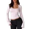 thumbnail image 1 of Womens Slim Fit Y2k Shirts Casual Crop Shirt Square Neck Lace Trim Long Bell Sleeves Shirts Fashion Blouses Flare Sleeve Tops Fitted T-Shirt Low Cut Sexy Outfits for Spring Fall 2026, 1 of 8