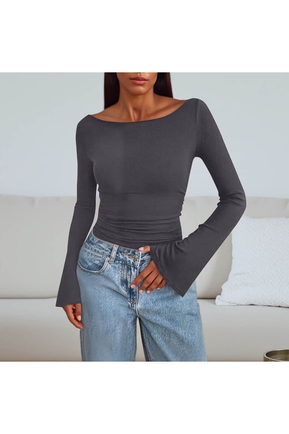 Womens Slim Fit Y2k Tops Boat Neck Flared Long Sleeve Stretch Soft Ribbed Knit Base Tee Shirt Fall Casual T-shirts (XXL, Dark Gray)