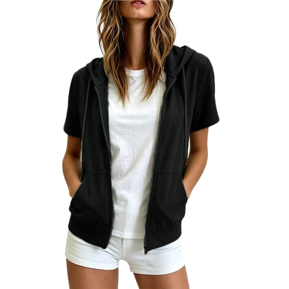 Womens Slim Fit Zip Up Hoodie Short Sleeve Thin Jacket Sweatshirt Plus Size Lightweight Drawstring Casual Fashion Sweatshirts