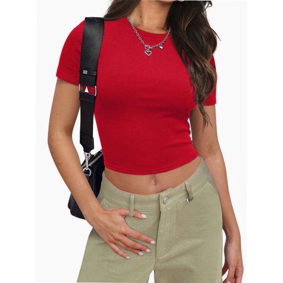 Womens Slim Fitted Crop Tops - Basic Crew Neck Short Sleeve Casual Tees for Going Out