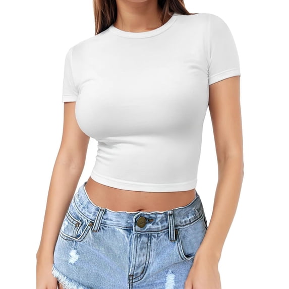 Womens Slim Fitted Crop Tops - Basic Crew Neck Short Sleeve Casual Tees for Going Out