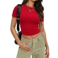 thumbnail image 1 of Womens Slim Fitted Crop Tops - Basic Crew Neck Short Sleeve Casual Tees for Going Out, 1 of 5