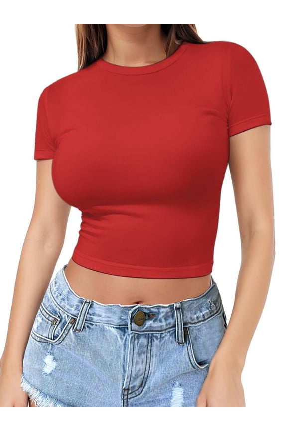 Womens Slim Fitted Crop Tops - Basic Crew Neck Short Sleeve Casual Tees for Going Out