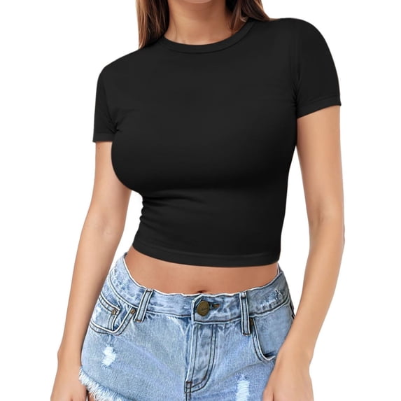 Womens Slim Fitted Crop Tops - Basic Crew Neck Short Sleeve Casual Tees for Going Out