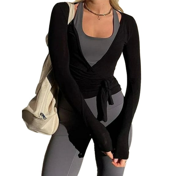 Womens Slim Fitted Deep V Neck Cross Wrap Tie Top Long Sleeve T-Shirts Yoga Workout Blouses