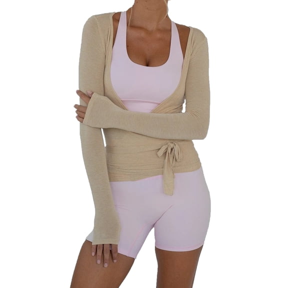 Womens Slim Fitted Deep V Neck Cross Wrap Tie Top Long Sleeve T-Shirts Yoga Workout Blouses