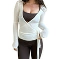 thumbnail image 1 of Womens Slim Fitted Deep V Neck Cross Wrap Tie Top Long Sleeve T-Shirts Yoga Workout Blouses, 1 of 6