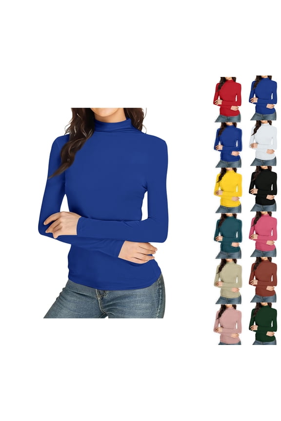 Womens Slim Fitted Mock Turtleneck Tops Long Sleeve Lightweight Base Layer Shirts Blue L