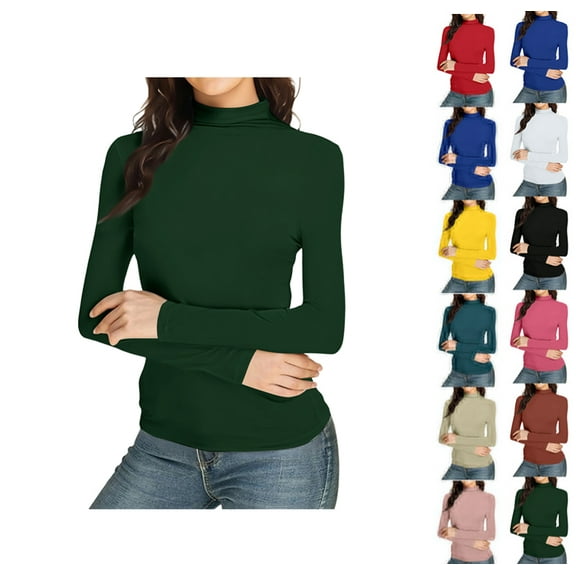 Womens Slim Fitted Mock Turtleneck Tops Long Sleeve Lightweight Base Layer Shirts Dark Green L