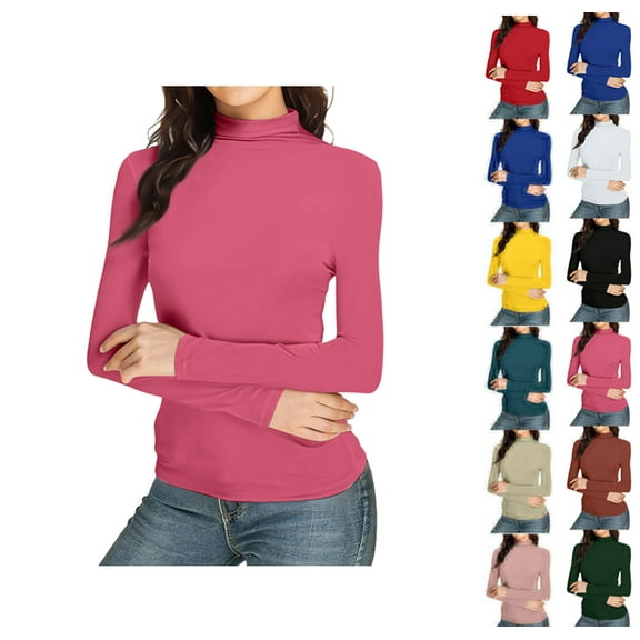 Womens Slim Fitted Mock Turtleneck Tops Long Sleeve Lightweight Base Layer Shirts Hot Pink L