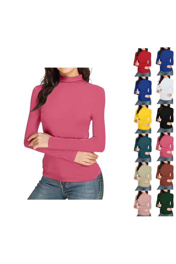 Womens Slim Fitted Mock Turtleneck Tops Long Sleeve Lightweight Base Layer Shirts Hot Pink XL