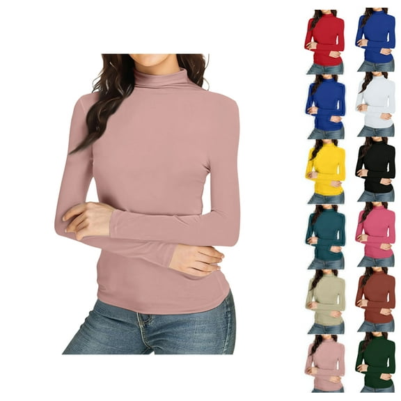 Womens Slim Fitted Mock Turtleneck Tops Long Sleeve Lightweight Base Layer Shirts Pink L