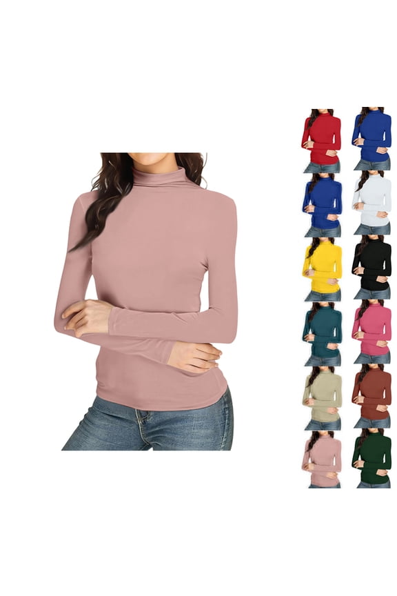 Womens Slim Fitted Mock Turtleneck Tops Long Sleeve Lightweight Base Layer Shirts Pink XXL