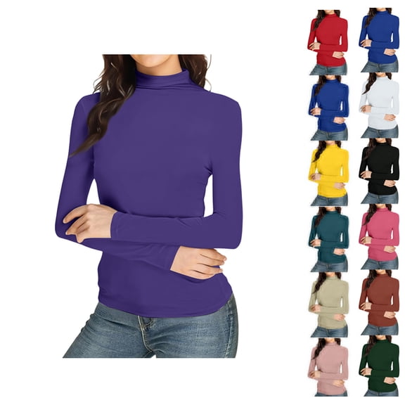 Womens Slim Fitted Mock Turtleneck Tops Long Sleeve Lightweight Base Layer Shirts Purple L