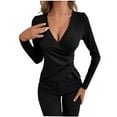 thumbnail image 1 of Womens Slim Fitted Sexy Deep V Neck Cross Wrap Tops Ruched Button Side Long Sleeve T-Shirts, 1 of 4