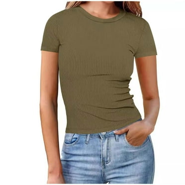 Womens Slim Fitted Short Sleeve Ribbed Knit Stretch T Shirt Womens Short Sleeve Tops Slim Fitted Ribbed Knit T Shirts 2024 Summer Casual Solid Basic Going Out Tops Y2K Clothing