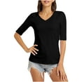 thumbnail image 1 of Womens Slim Fitted T-shirts Polyester Soft Casual V Neck Base Tees Elbow Sleeve Plus Size Summer Tops (3XL, Black), 1 of 6