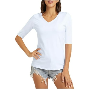Womens Slim Fitted T-shirts Polyester Soft Casual V Neck Base Tees Elbow Sleeve Plus Size Summer Tops (L, White)
