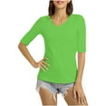 thumbnail image 1 of Womens Slim Fitted T-shirts Polyester Soft Casual V Neck Base Tees Elbow Sleeve Plus Size Summer Tops (S, Green), 1 of 6