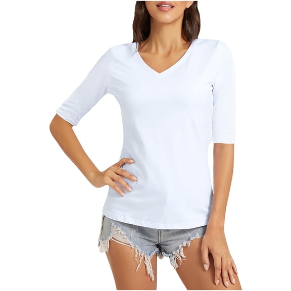 Womens Slim Fitted T-shirts Polyester Soft Casual V Neck Base Tees Elbow Sleeve Plus Size Summer Tops (S, White)