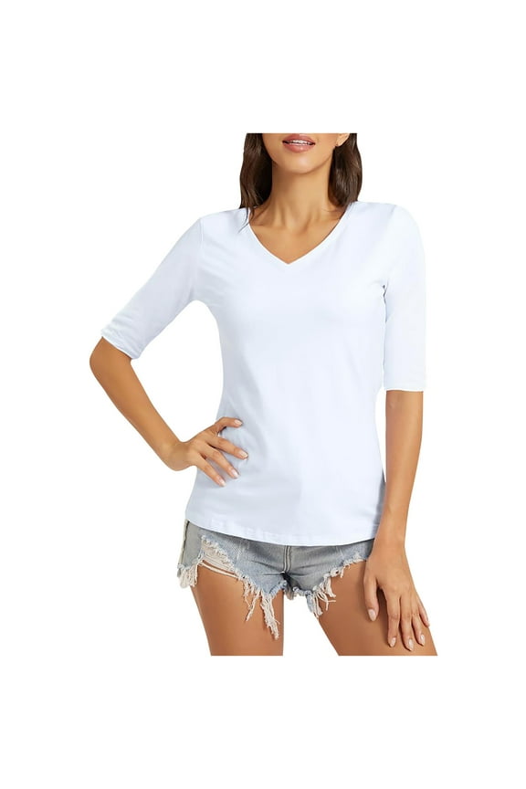 Womens Slim Fitted T-shirts Polyester Soft Casual V Neck Base Tees Elbow Sleeve Plus Size Summer Tops (XL, White)