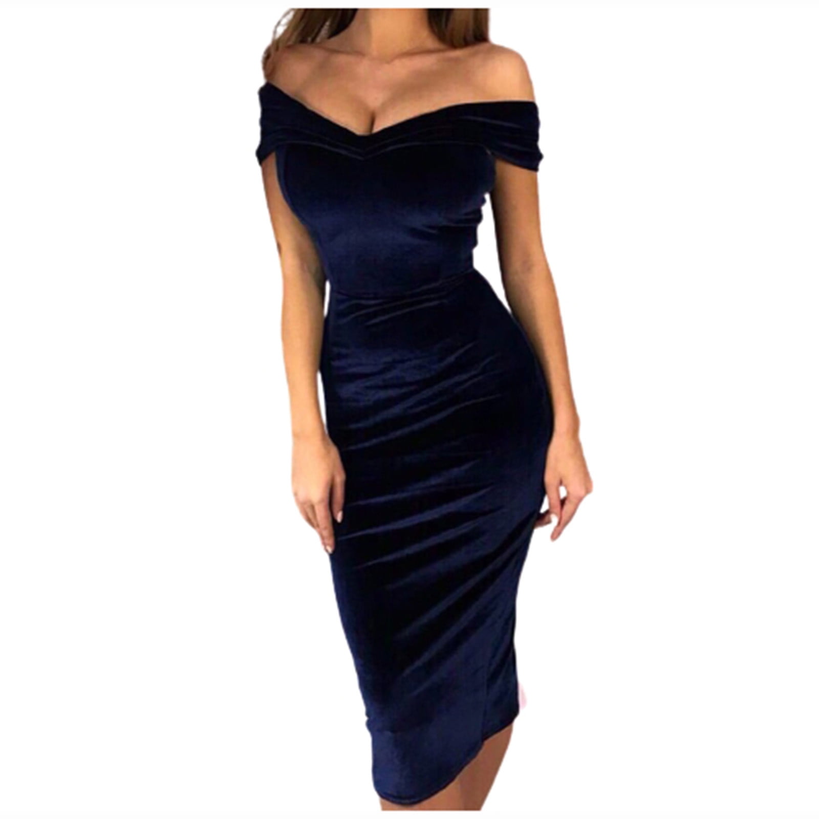 Womens Slim Party One Shoulder V-neck Solid Color Formal Dress Sexy ...