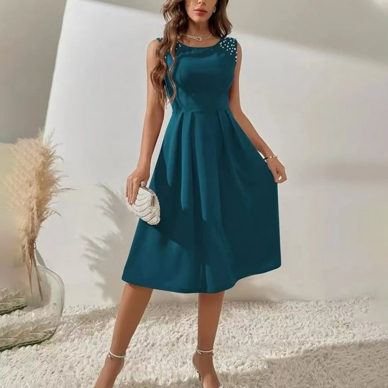 Womens Slim Round Neck Dress Solid Color Sleeveless Cocktail Party Dresses