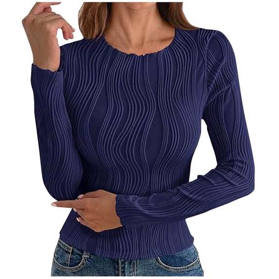 Womens Slimming Fit Basic Tops, Long Sleeve Shirts for Women Fashion Slim Solid Color Ribbed Crewneck T-Shirts Fall Clothes