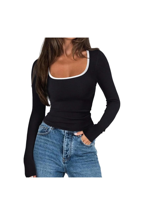Womens Slimming Fit Basic Tops, Long Sleeve Shirts for Women Spring Casual Solid Color Slim U Neck T-Shirts Fall Clothes