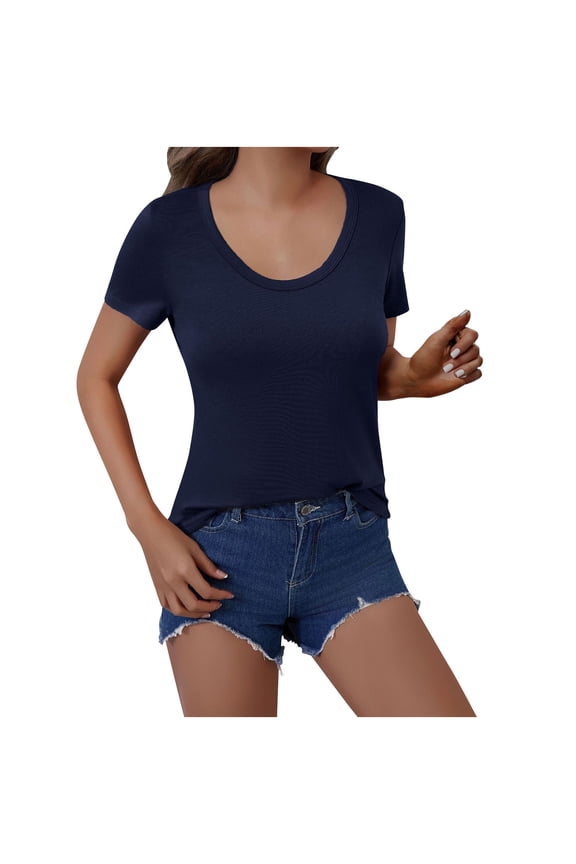 Womens Slimming Fit Basic Tops, Short Sleeve Shirts for Women Summer Casual Solid Color Slim U Neck T-Shirts