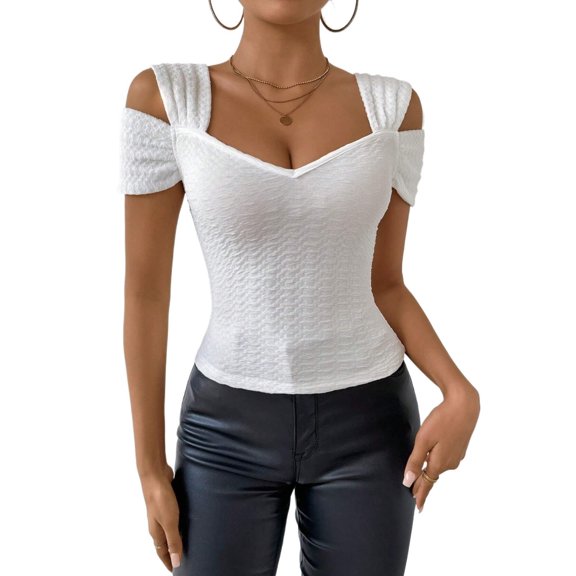 Womens Slimming Fit Cutout Shoulder T-Shirt Short Sleeve Cropped Summer Blouse For Women