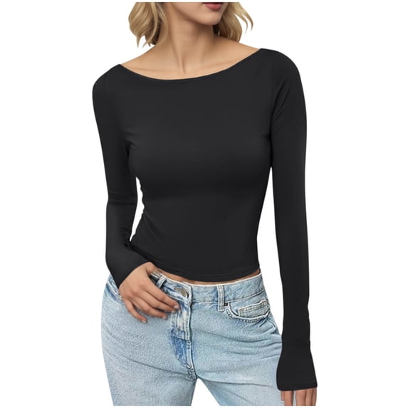 Womens Slimming Fit Fall Clothes, Long Sleeve Shirts for Women Casual Slim Solid Color Crewneck T-Shirts Basic Tops