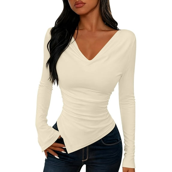 Womens Slimming Fit Fall Clothes, Long Sleeve Shirts for Women Fashion Slim Solid Color V Neck T-Shirts Basic Tops