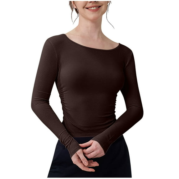 Womens Slimming Fit T-Shirts, Long Sleeve Shirts for Women Summer Casual Solid Color Crewneck Tees Pajamas S-XL