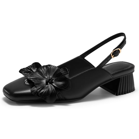 Womens Slingback Chunky Heels Flower Closed Square Toe Pumps Work Dress Shoes